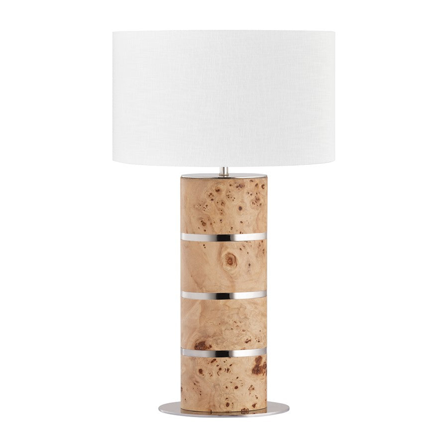 Atlas Lighting Cahill 28in 1-Light Table Lamp | Natural Burl Wood and Polished Nickel with White Fabric Oval Shade | Bedroom | Model PL11142-NA