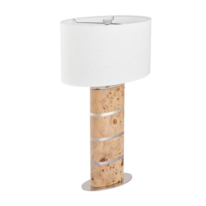 Atlas Lighting Cahill 28in 1-Light Table Lamp | Natural Burl Wood and Polished Nickel with White Fabric Oval Shade | Bedroom | Model PL11142-NA