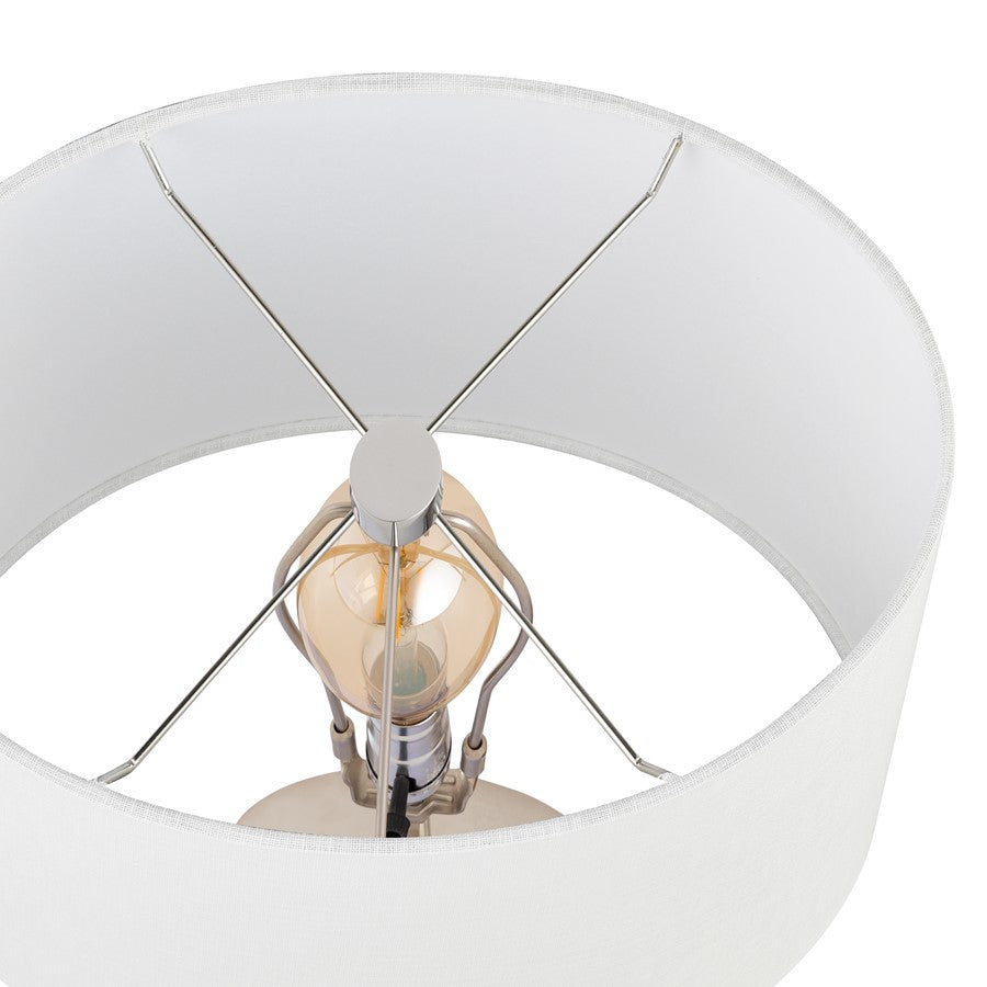 Atlas Lighting Cahill 28in 1-Light Table Lamp | Natural Burl Wood and Polished Nickel with White Fabric Oval Shade | Bedroom | Model PL11142-NA