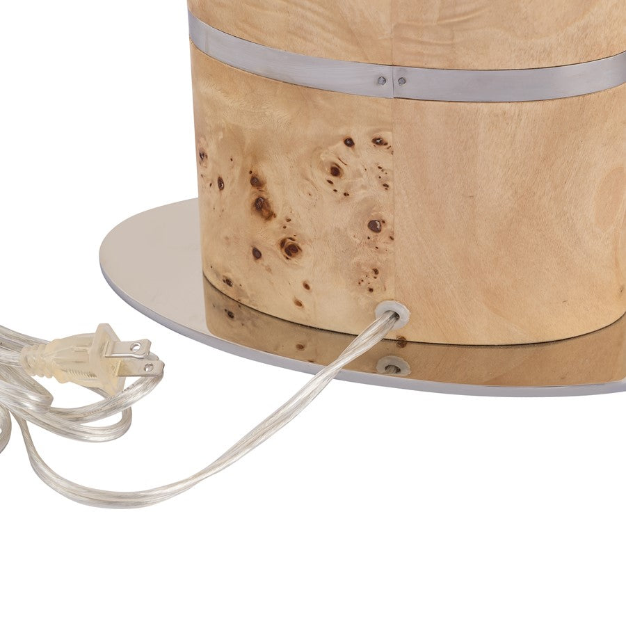 Atlas Lighting Cahill 28in 1-Light Table Lamp | Natural Burl Wood and Polished Nickel with White Fabric Oval Shade | Bedroom | Model PL11142-NA