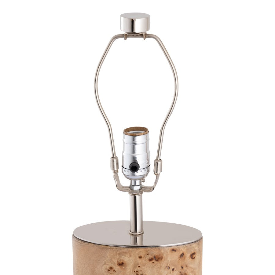 Atlas Lighting Cahill 28in 1-Light Table Lamp | Natural Burl Wood and Polished Nickel with White Fabric Oval Shade | Bedroom | Model PL11142-NA