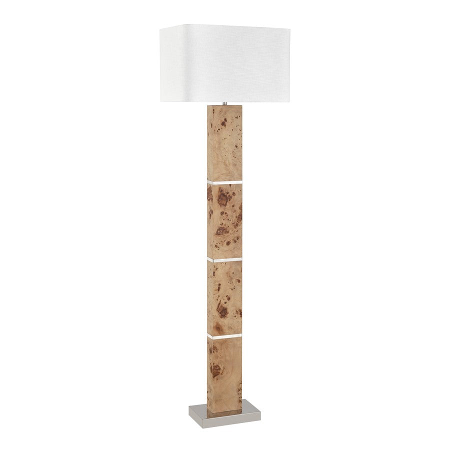 Atlas Lighting Cahill 63in 1-Light Floor Lamp | Natural Burl Wood and Polished Nickel with White Fabric Rectangular Shade | Living | Model PL11143-NA