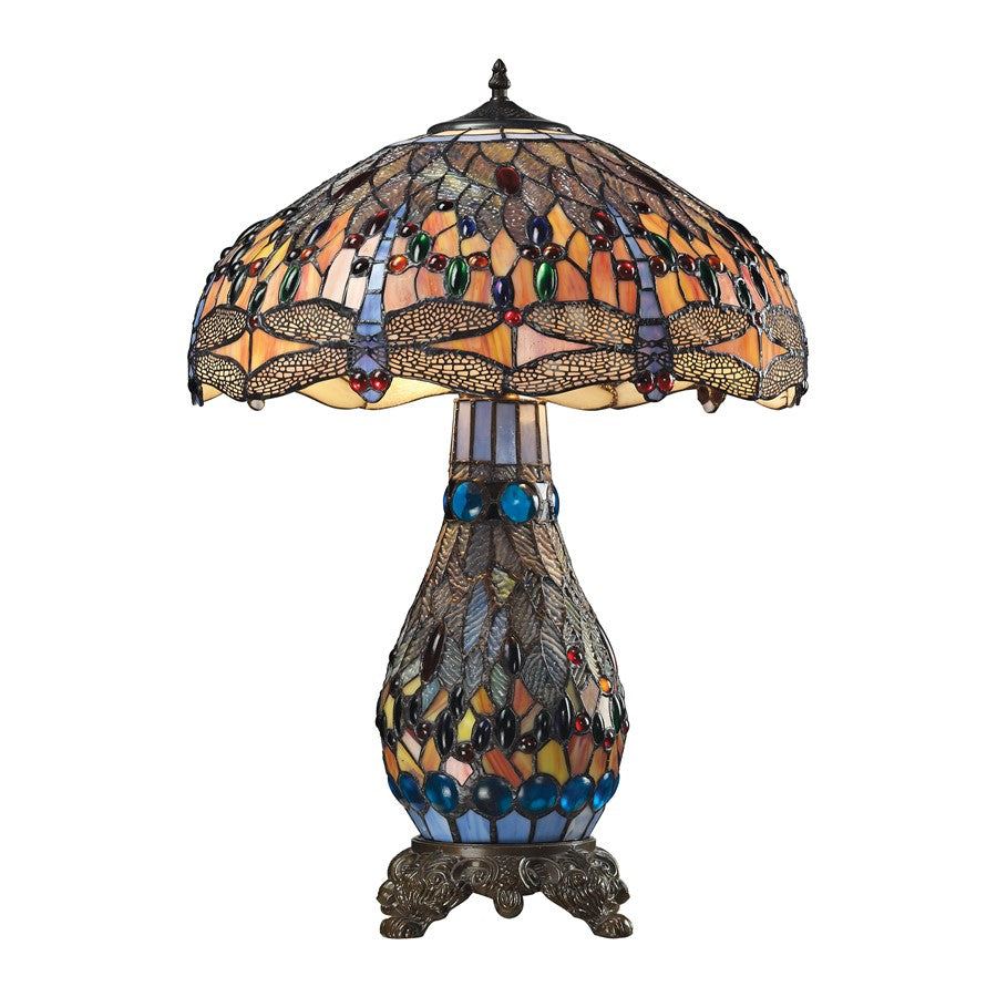 Atlas Lighting Dragonfly 26in 3-Light Table Lamp | Tiffany Glass Multicolor Shade with Metal Base | Living Room & Bedroom | Model PL11160-MU