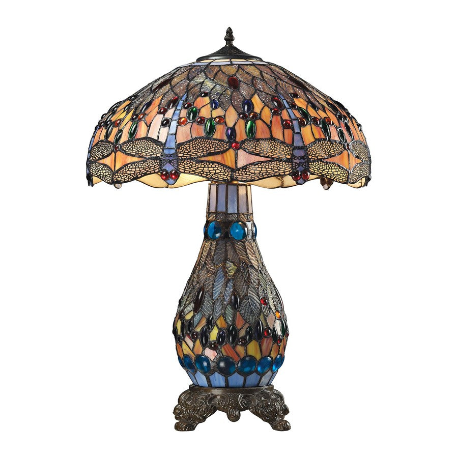 Atlas Lighting Dragonfly 26in 3-Light Table Lamp | Tiffany Glass Multicolor Shade with Metal Base | Living Room & Bedroom | Model PL11160-MU