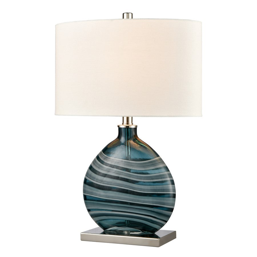 Atlas Lighting Portview 22in 1-Light Table Lamp | Teal Glass and Polished Nickel with White Linen Oval Shade | Coastal Living Room | Model PL11212-BL