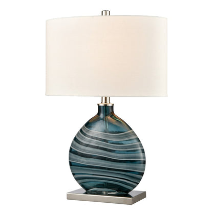 Atlas Lighting Portview 22in 1-Light Table Lamp | Teal Glass and Polished Nickel with White Linen Oval Shade | Coastal Living Room | Model PL11212-BL