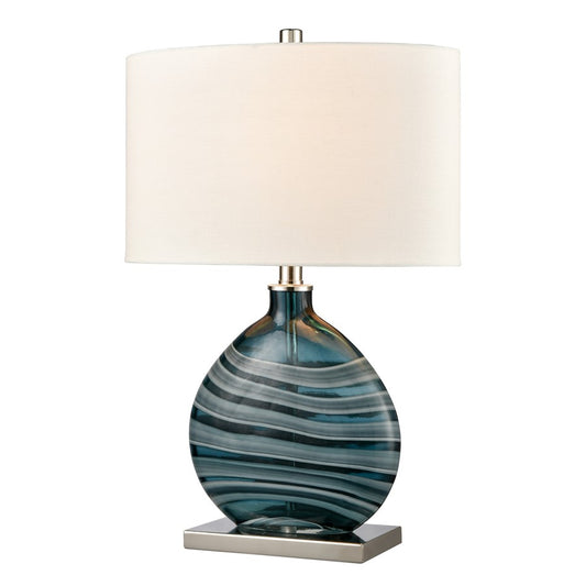 Atlas Lighting Portview 22in 1-Light Table Lamp | Teal Glass and Polished Nickel with White Linen Oval Shade | Coastal Living Room | Model PL11212-BL