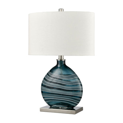 Atlas Lighting Portview 22in 1-Light Table Lamp | Teal Glass and Polished Nickel with White Linen Oval Shade | Coastal Living Room | Model PL11212-BL