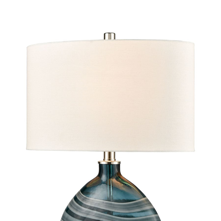 Atlas Lighting Portview 22in 1-Light Table Lamp | Teal Glass and Polished Nickel with White Linen Oval Shade | Coastal Living Room | Model PL11212-BL