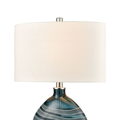 Atlas Lighting Portview 22in 1-Light Table Lamp | Teal Glass and Polished Nickel with White Linen Oval Shade | Coastal Living Room | Model PL11212-BL