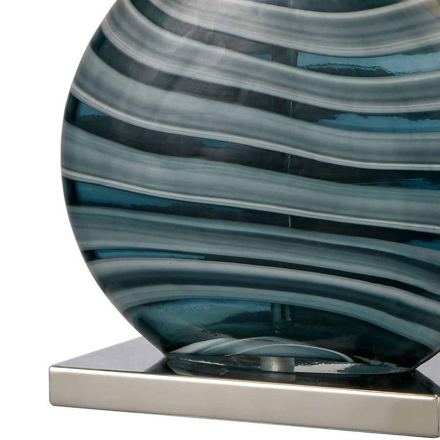Atlas Lighting Portview 22in 1-Light Table Lamp | Teal Glass and Polished Nickel with White Linen Oval Shade | Coastal Living Room | Model PL11212-BL