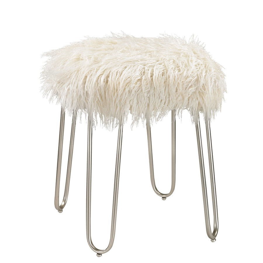 Atlas Lighting Betty 15in Round Vanity Stool | White Faux Fur on Silver Metal Frame | Bedroom & Vanity Seating | 15 x 15 x 20 in | Model SE11005-01