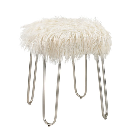 Atlas Lighting Betty 15in Round Vanity Stool | White Faux Fur on Silver Metal Frame | Bedroom & Vanity Seating | 15 x 15 x 20 in | Model SE11005-01