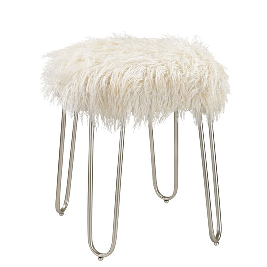 Atlas Lighting Betty 15in Round Vanity Stool | White Faux Fur on Silver Metal Frame | Bedroom & Vanity Seating | 15 x 15 x 20 in | Model SE11005-01