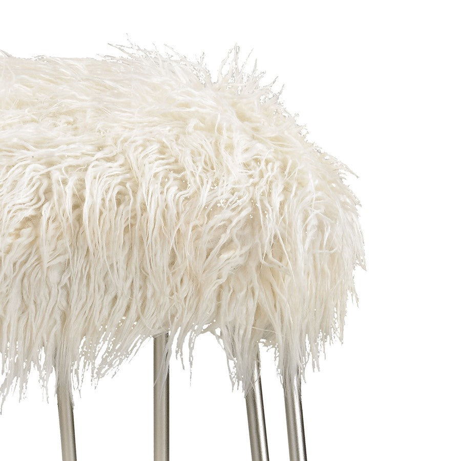 Atlas Lighting Betty 15in Round Vanity Stool | White Faux Fur on Silver Metal Frame | Bedroom & Vanity Seating | 15 x 15 x 20 in | Model SE11005-01