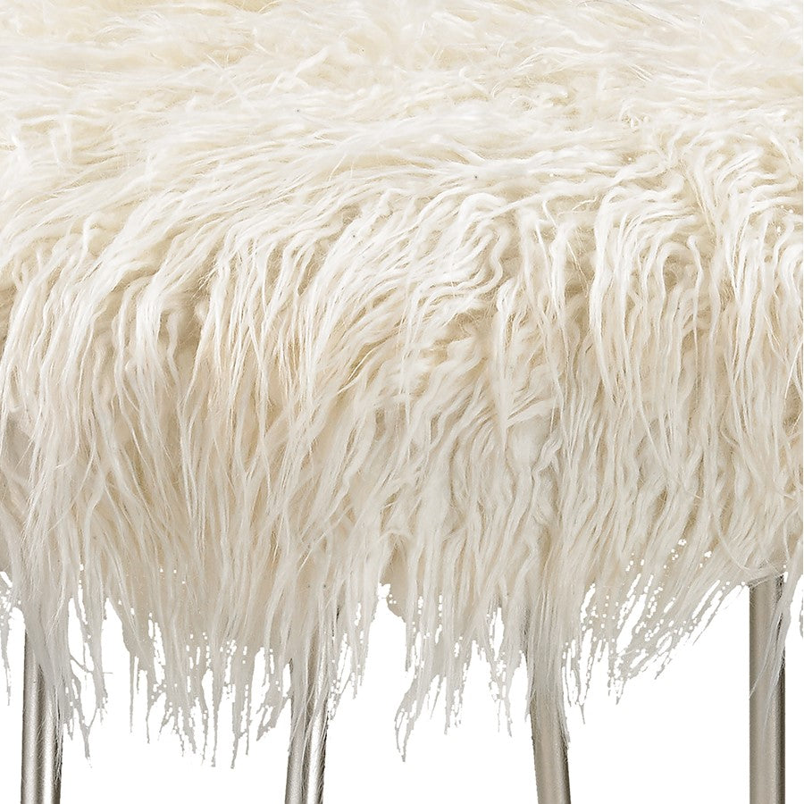 Atlas Lighting Betty 15in Round Vanity Stool | White Faux Fur on Silver Metal Frame | Bedroom & Vanity Seating | 15 x 15 x 20 in | Model SE11005-01