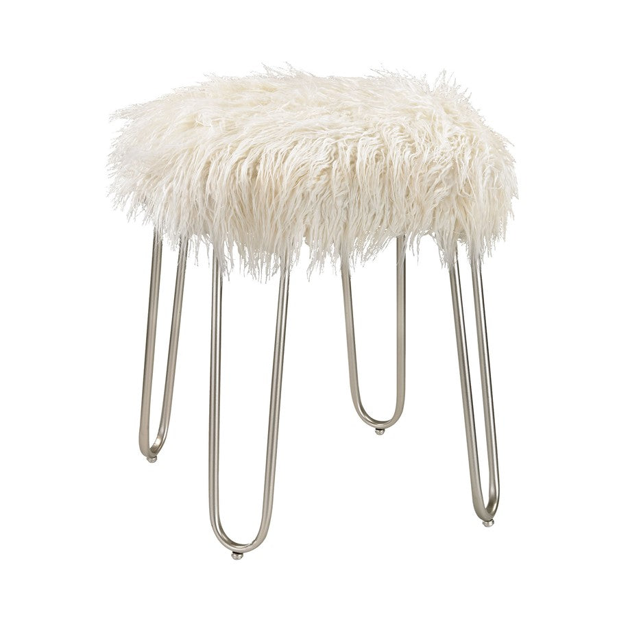 Atlas Lighting Betty 15in Round Vanity Stool | White Faux Fur on Silver Metal Frame | Bedroom & Vanity Seating | 15 x 15 x 20 in | Model SE11005-01