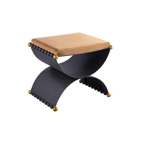 Atlas Lighting Layla 25in Accent Stool | Blackened Bronze & Camel Velvet | Art Deco Style | 25 x 19 x 21 in | Model SE11035-01
