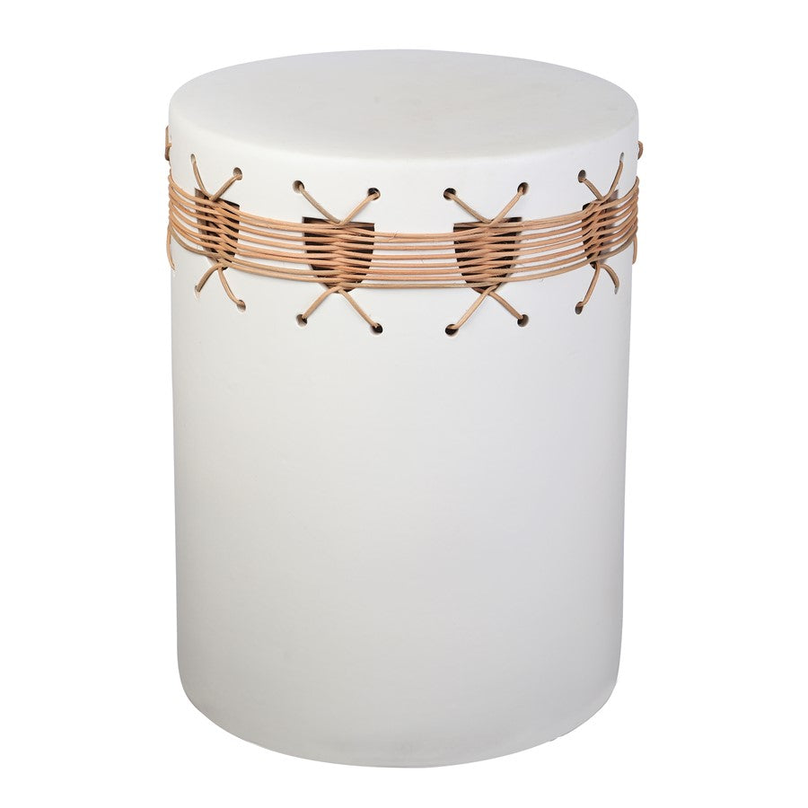 Atlas Lighting Sabira 13in Round Accent Stool | White Glazed Earthenware with Natural Woven Detailing | Entryway & Vanity Seating | Model SE11056-01