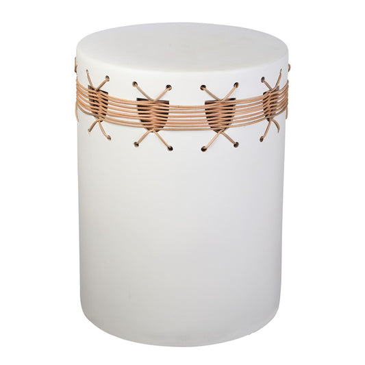 Atlas Lighting Sabira 13in Round Accent Stool | White Glazed Earthenware with Natural Woven Detailing | Entryway & Vanity Seating | Model SE11056-01
