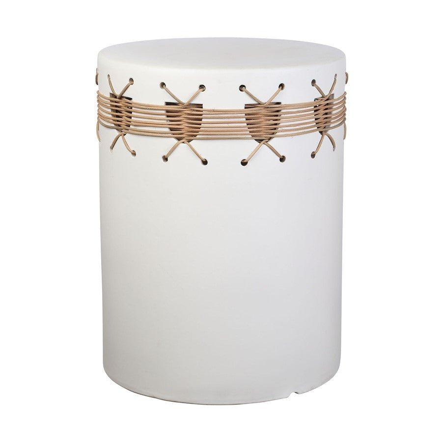 Atlas Lighting Sabira 13in Round Accent Stool | White Glazed Earthenware with Natural Woven Detailing | Entryway & Vanity Seating | Model SE11056-01