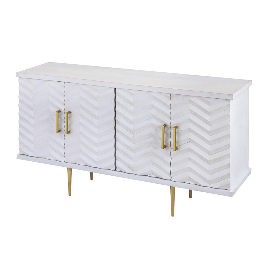 Atlas Lighting Brendle 4-Door Credenza | Whitewash Wood & Brass Modern | Living Room & Dining Room Storage | Model ST11012-01
