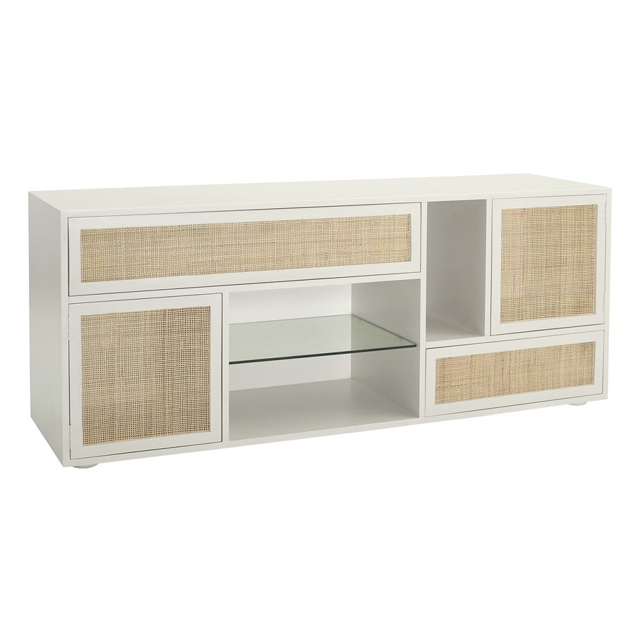 Atlas Lighting Clearwater 68in Wood Credenza | Shoji White with Rattan Panels | Dining Room & Living Room Storage | 68 x 18 x 28 in | Model ST11017-01