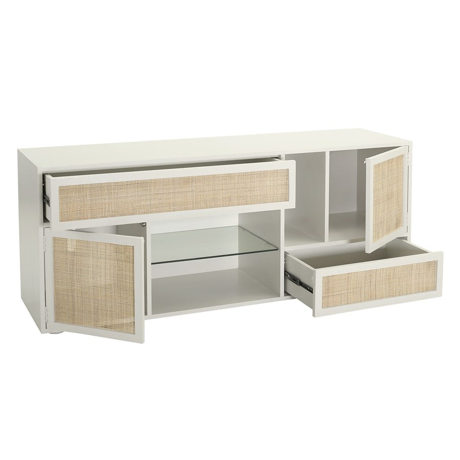 Atlas Lighting Clearwater 68in Wood Credenza | Shoji White with Rattan Panels | Dining Room & Living Room Storage | 68 x 18 x 28 in | Model ST11017-01