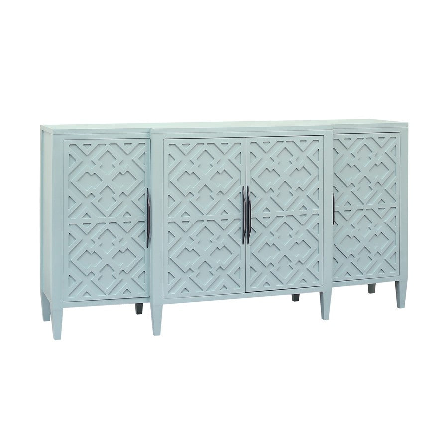 Atlas Lighting Topher 4-Door Credenza | Aqua Wood Composite with Geometric Fretwork | Living Room & Dining Room Storage | Model ST11084-01