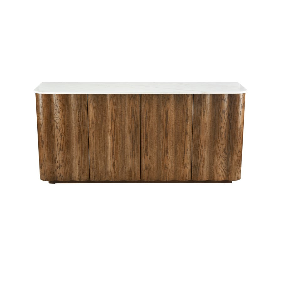 Atlas Lighting Woodside 73in 4-Door Credenza | Medium Oak and White Marble Top | Living Room & Dining Room Storage | Model ST11094-01