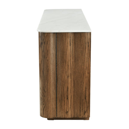 Atlas Lighting Woodside 73in 4-Door Credenza | Medium Oak and White Marble Top | Living Room & Dining Room Storage | Model ST11094-01
