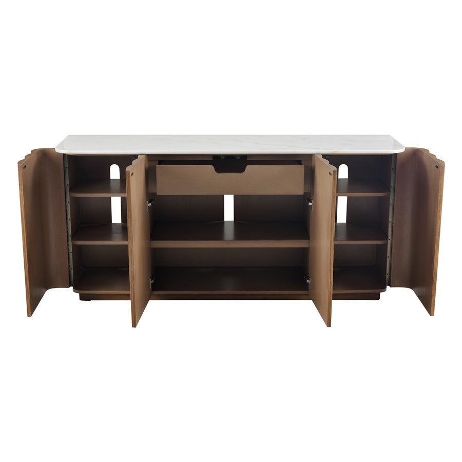 Atlas Lighting Woodside 73in 4-Door Credenza | Medium Oak and White Marble Top | Living Room & Dining Room Storage | Model ST11094-01