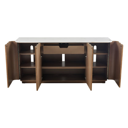 Atlas Lighting Woodside 73in 4-Door Credenza | Medium Oak and White Marble Top | Living Room & Dining Room Storage | Model ST11094-01