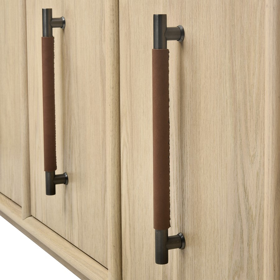 Atlas Lighting Yearling 68in 4-Door Credenza | Light Oak and Blackened Bronze with Leather Handles | Living Room & Dining Room | Model ST11095-01