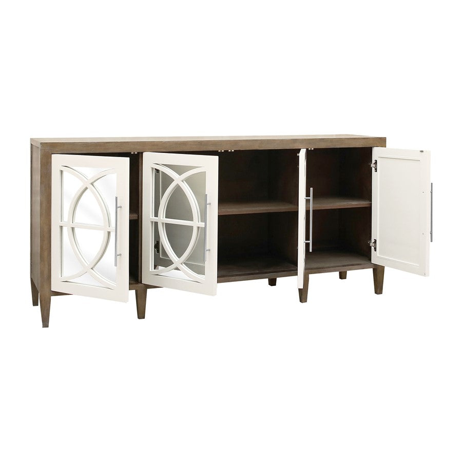 Atlas Lighting Zoran 72in 4-Door Credenza | Brown and Weathered White with Mirror Doors | Living Room & Dining Room Storage | Model ST11096-01