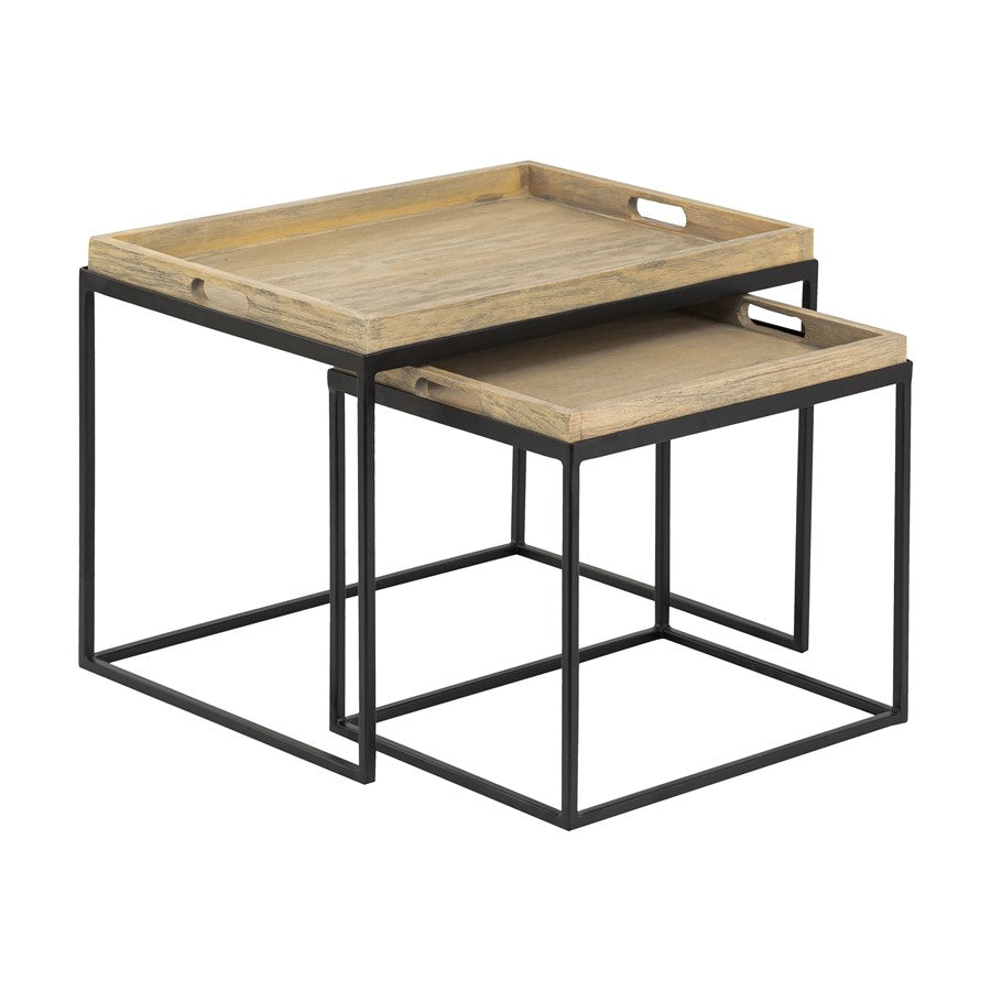 Atlas Lighting Akin Set of 2 Accent Tables | Natural Wood and Black Metal | Living Room & Hallway Nesting Tables | 24 x 18 x 18 in | Model TA11002-01S
