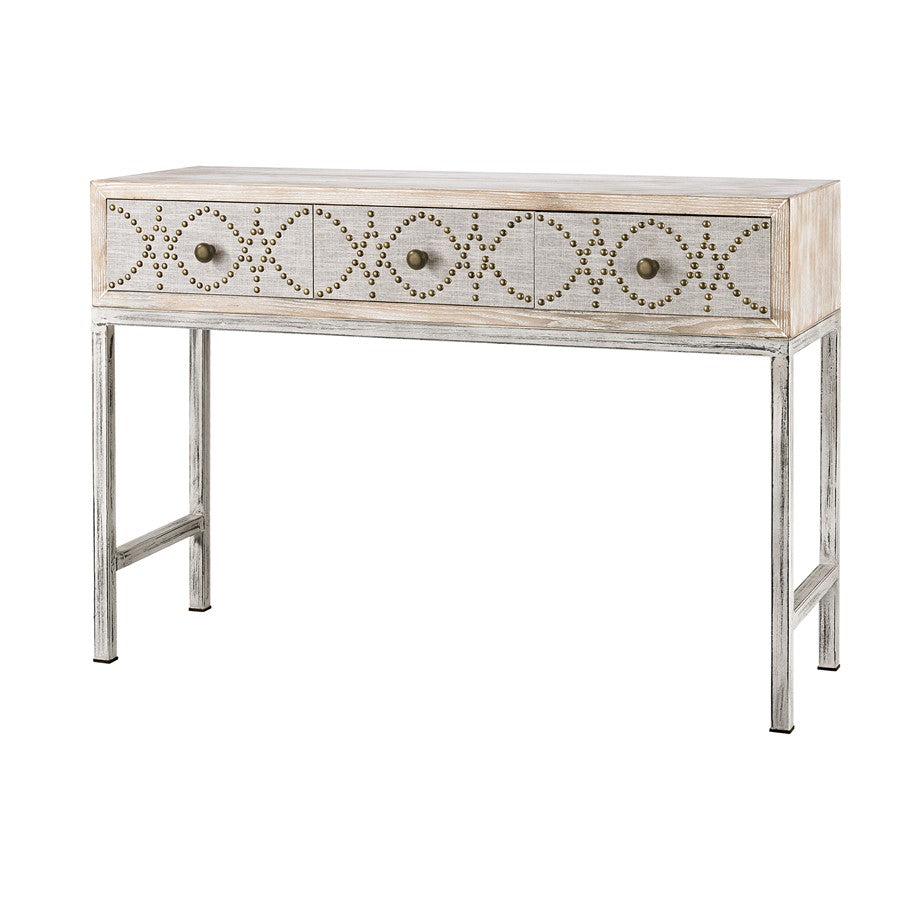 Atlas Lighting Albiera 47in Desk | Transitional Bleached Wood Composite and Natural Linen with Antiqued Brass Nailheads | Bedroom | Model TA11003-01