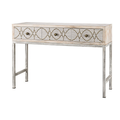 Atlas Lighting Albiera 47in Desk | Transitional Bleached Wood Composite and Natural Linen with Antiqued Brass Nailheads | Bedroom | Model TA11003-01