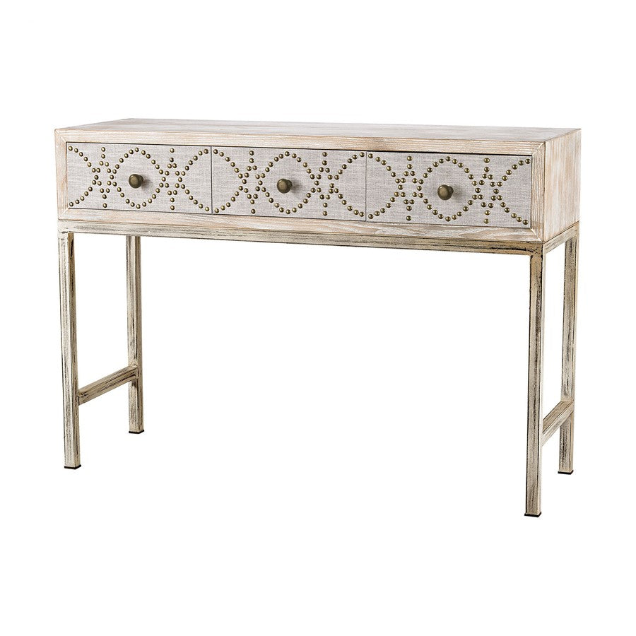 Atlas Lighting Albiera 47in Desk | Transitional Bleached Wood Composite and Natural Linen with Antiqued Brass Nailheads | Bedroom | Model TA11003-01