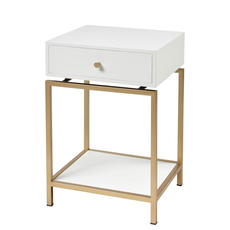 Atlas Lighting Clancy 16in Accent Table | Transitional White Fabric and Gold Metal | Living Room & Bedroom Side Table | Model TA11044-01