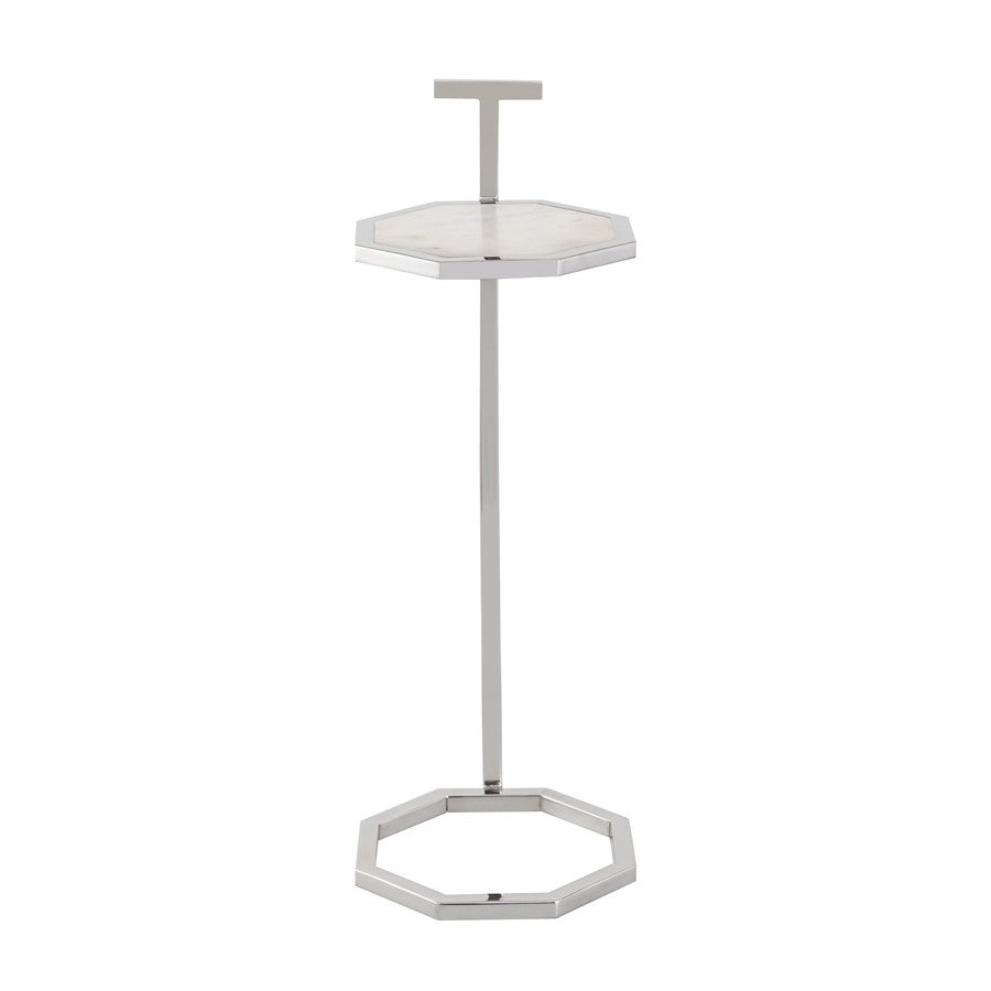 Atlas Lighting Daro 9in Octagonal Accent Table | Nickel Metal and White Marble Transitional | Living Room & Bedroom Side Table | Model TA11064-01