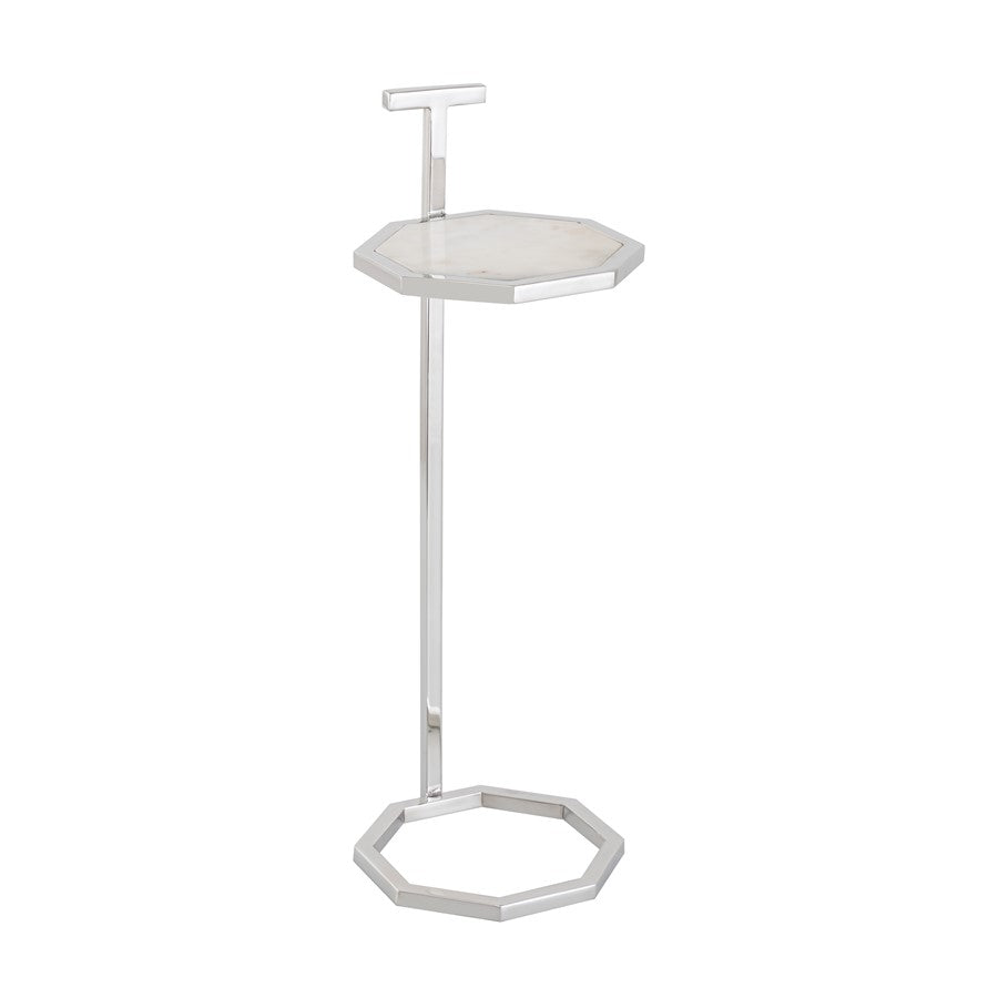 Atlas Lighting Daro 9in Octagonal Accent Table | Nickel Metal and White Marble Transitional | Living Room & Bedroom Side Table | Model TA11064-01