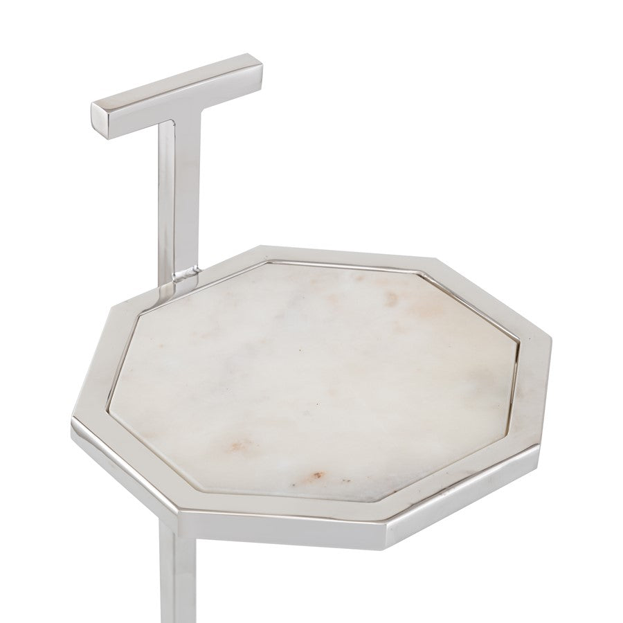 Atlas Lighting Daro 9in Octagonal Accent Table | Nickel Metal and White Marble Transitional | Living Room & Bedroom Side Table | Model TA11064-01