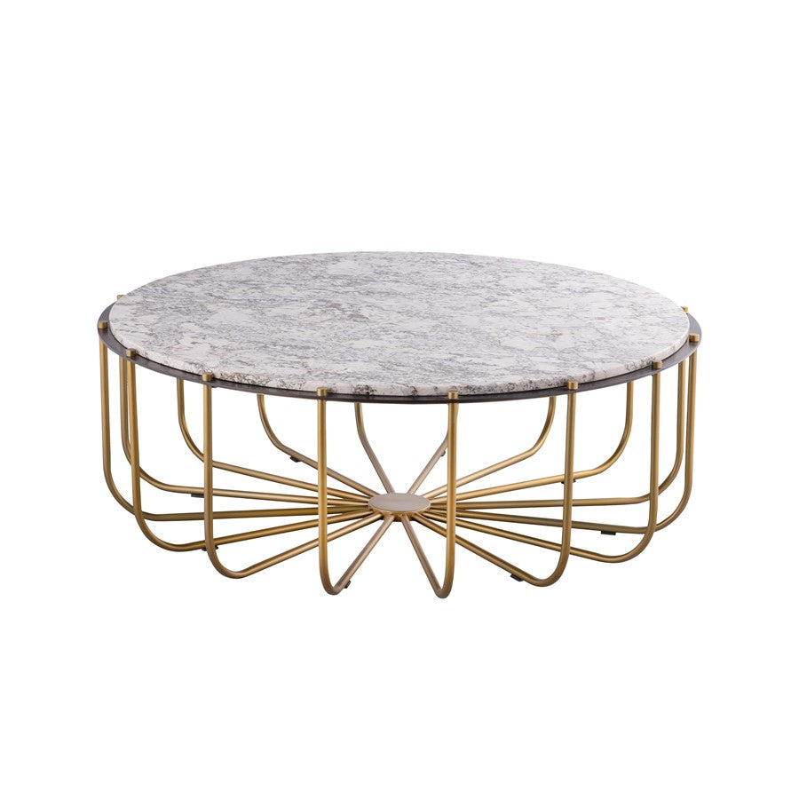 Atlas Demille 48in Round Coffee Table | Transitional Satin Brass Metal and Cream Stone | Living Room Centerpiece | 48 x 48 x 18 in | Model TA11066-01