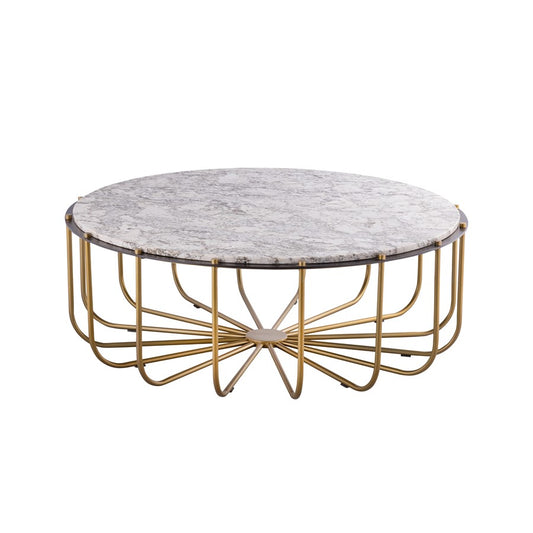 Atlas Demille 48in Round Coffee Table | Transitional Satin Brass Metal and Cream Stone | Living Room Centerpiece | 48 x 48 x 18 in | Model TA11066-01
