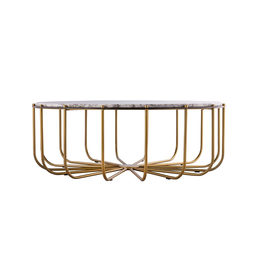 Atlas Demille 48in Round Coffee Table | Transitional Satin Brass Metal and Cream Stone | Living Room Centerpiece | 48 x 48 x 18 in | Model TA11066-01