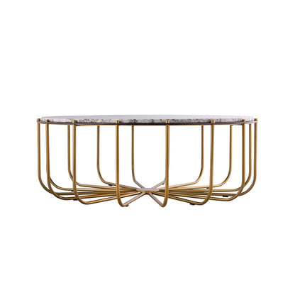 Atlas Demille 48in Round Coffee Table | Transitional Satin Brass Metal and Cream Stone | Living Room Centerpiece | 48 x 48 x 18 in | Model TA11066-01
