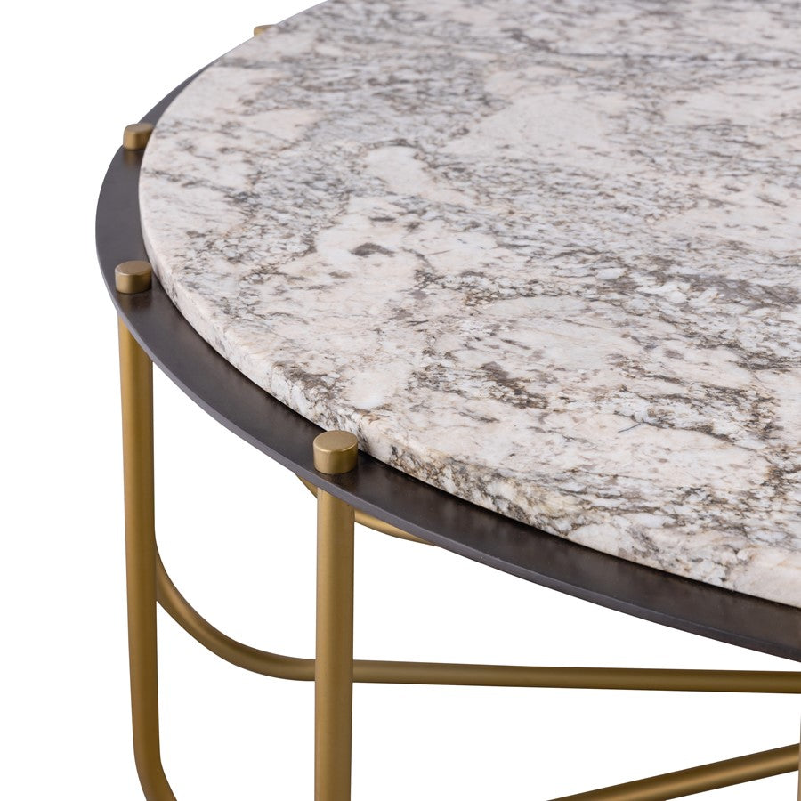 Atlas Demille 48in Round Coffee Table | Transitional Satin Brass Metal and Cream Stone | Living Room Centerpiece | 48 x 48 x 18 in | Model TA11066-01
