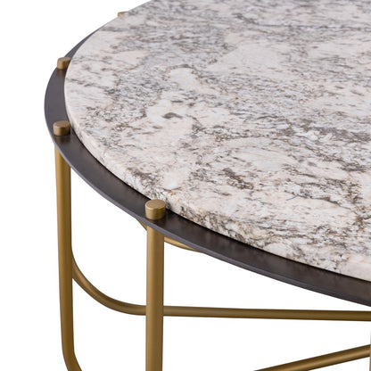 Atlas Demille 48in Round Coffee Table | Transitional Satin Brass Metal and Cream Stone | Living Room Centerpiece | 48 x 48 x 18 in | Model TA11066-01