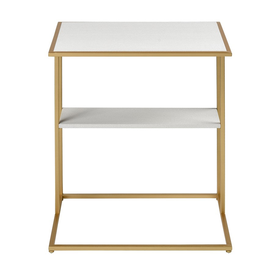 Atlas Lighting Fawley 20in Accent Table | Glam Gold Metal and White Faux Leather | Living Room & Bedroom Side Table | Model TA11075-01